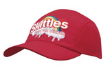 A red cap with an embroidered logo and a rainbow design, featuring a logo on the front. A red cap with an embroidered logo and a rainbow design, featuring a logo on the front.