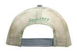 A cap with a mesh back in light beige, featuring green stitching and a logo on the back. A cap with a mesh back in light beige, featuring green stitching and a logo on the back.
