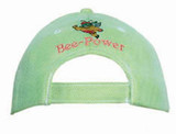 A light green mesh covered cotton twill cap with an adjustable strap at the back and a logo. A light green mesh covered cotton twill cap with an adjustable strap at the back and a logo.