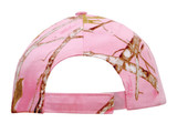A pink camouflage cap featuring a floral pattern and an adjustable strap at the back. It includes a logo.