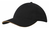 A black brushed heavy cotton cap with sandwich trim and a logo. A black brushed heavy cotton cap with sandwich trim and a logo.