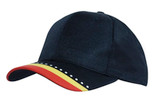 A black cap featuring a multi-coloured printed peak in red, yellow, and white, with a logo on the front. A black cap featuring a multi-coloured printed peak in red, yellow, and white, with a logo on the front.