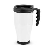 A drink bottle with a white body and a black handle and lid, designed for easy grip and travel.