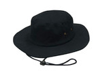 A black brushed heavy sports twill hat with a chin strap and eyelets for ventilation.