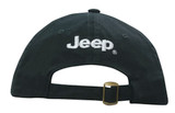 A black washed chino twill cap featuring a logo, with an adjustable strap at the back.