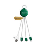 A green LED charge cable with multiple connectors, featuring a recycling symbol. Includes a keyring for convenient storage.