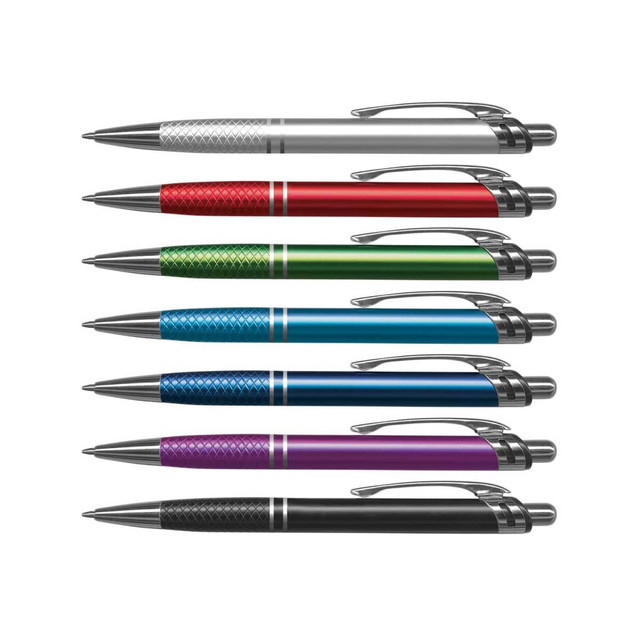 A collection of seven metal pens in white, red, green, blue, purple, and black, featuring a silver logo.