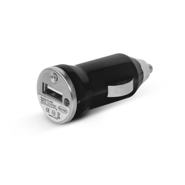 A black mini car charger with a USB port and a silver button, featuring a logo on the side. A black mini car charger with a USB port and a silver button, featuring a logo on the side.