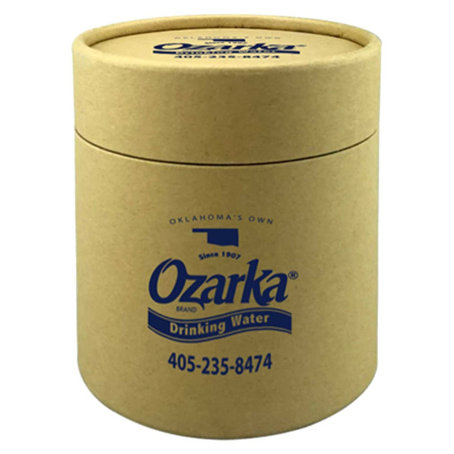 A cylindrical, brown cardboard container with a logo, featuring a lid and intended for holding drinkware.