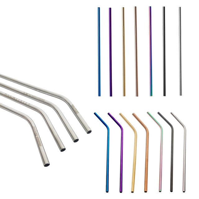 A collection of stainless steel drinking straws in various colours, some with a slight bend, displayed together.
