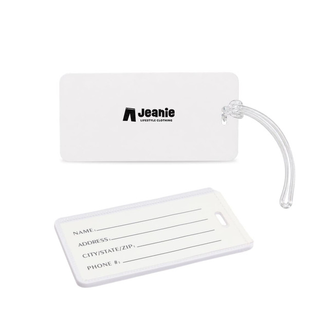 A white luggage tag featuring a clear loop attachment, with spaces for personal information and a logo on one side.
