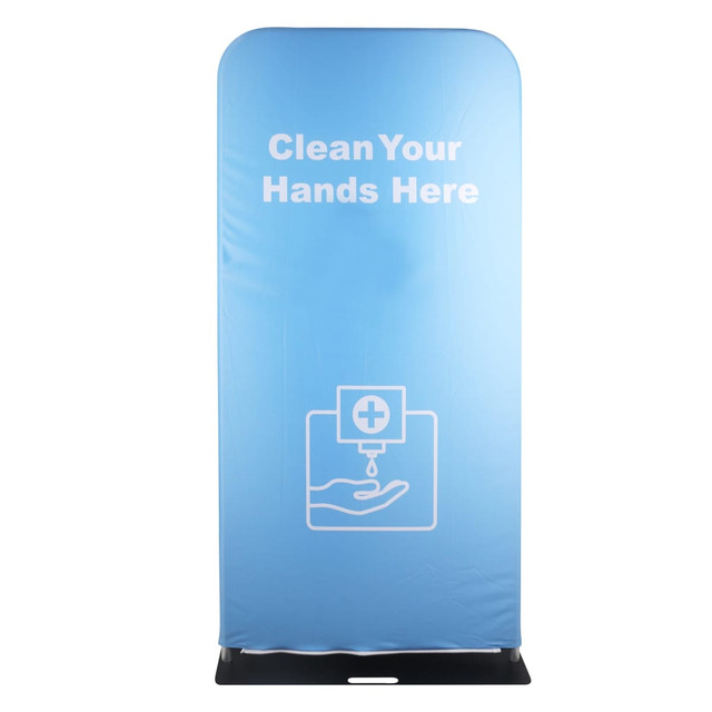 A blue dispenser stand with a graphic of a hand and a droplet, featuring a logo at the base. A blue dispenser stand with a graphic of a hand and a droplet, featuring a logo at the base.