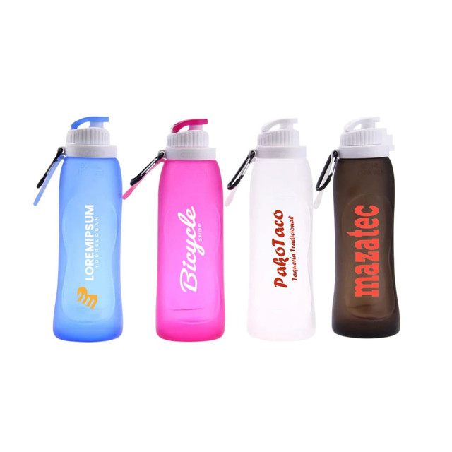 A drink bottle collection featuring a blue, pink, white, and brown silicone design, each with a logo.
