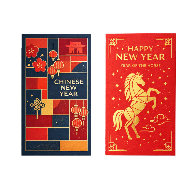 A red envelope featuring gold illustrations, including a horse and decorative elements, celebrating Chinese New Year.