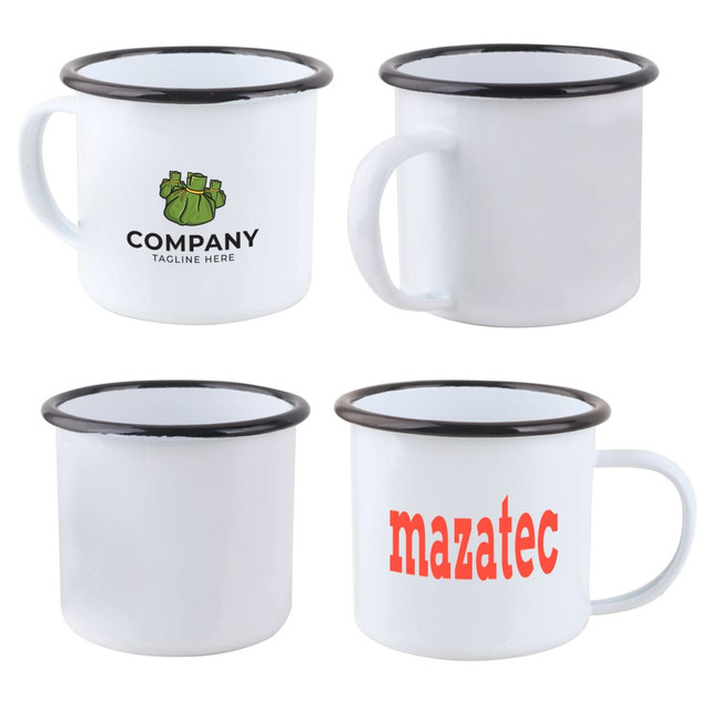 A 350ml enamel camping mug in white with a black rim and handle, featuring a logo and text on two sides. A 350ml enamel camping mug in white with a black rim and handle, featuring a logo and text on two sides.
