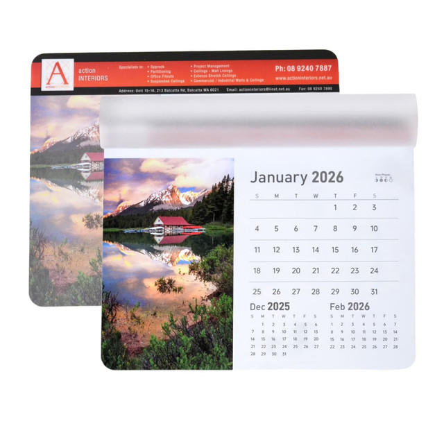 A mouse mat featuring a scenic calendar for January 2026, with a landscape image and a clear plastic top. A mouse mat featuring a scenic calendar for January 2026, with a landscape image and a clear plastic top.
