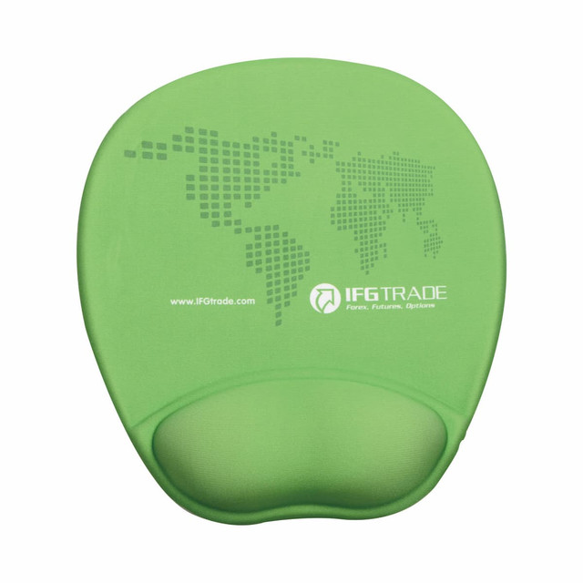 A green mouse mat featuring a padded wrist rest and a world map design in a dot pattern, with a logo. A green mouse mat featuring a padded wrist rest and a world map design in a dot pattern, with a logo.