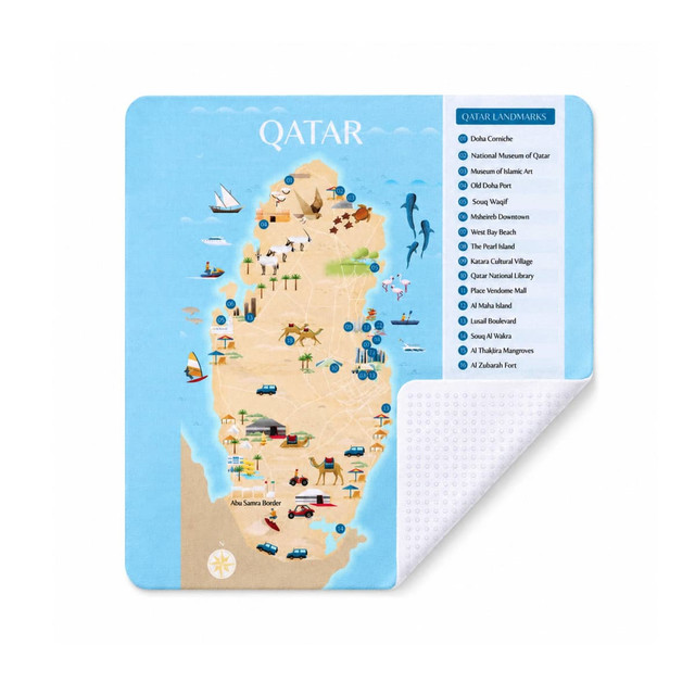 A microfibre cleaning mouse pad featuring a colourful map of Qatar with landmarks and activities illustrated. It has a branding logo.