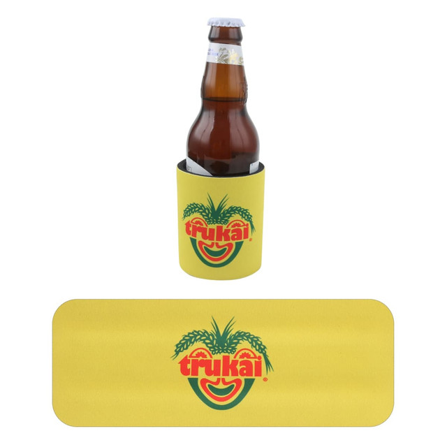 A drink bottle is nestled in a yellow stubby holder featuring a logo with a pineapple design.
