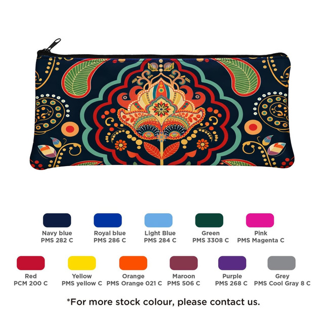A colourful neoprene pencil case featuring a vibrant floral design on a dark background, with multiple colour options below.