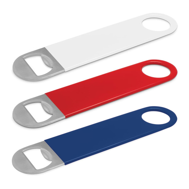 A drink bottle opener set featuring three sizes: white, red, and dark blue with a metal opener and a logo. A drink bottle opener set featuring three sizes: white, red, and dark blue with a metal opener and a logo.