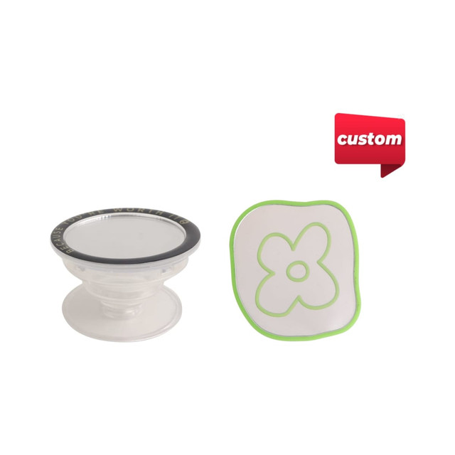 A custom shaped mirror phone pop holder in clear with a floral design outline in green. It includes a branding logo.