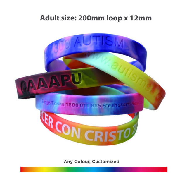 A collection of silicone wristbands in various marble colours, featuring different designs and a logo.