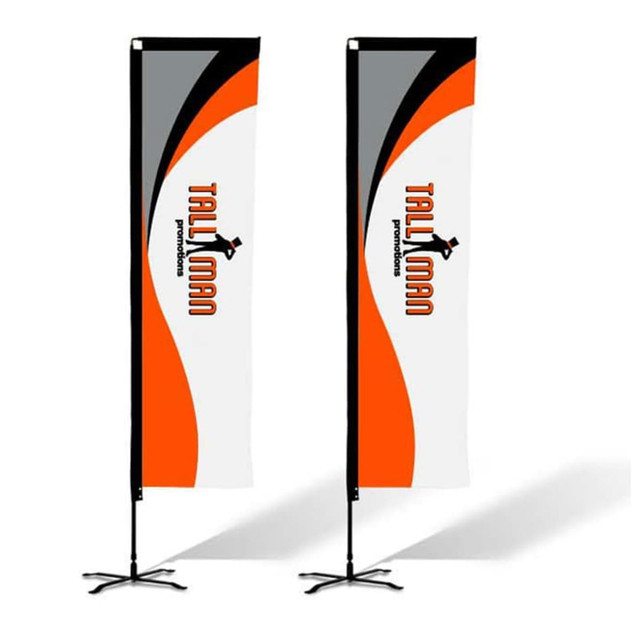 Large rectangular banners in black, orange, and white, with a logo and sleek design. Total height is 17ft.
