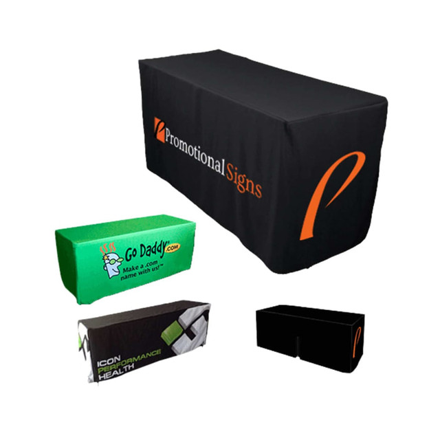 A fitted black tablecloth with a zipper back, featuring an orange logo, alongside three other table covers in various colours. A fitted black tablecloth with a zipper back, featuring an orange logo, alongside three other table covers in various colours.