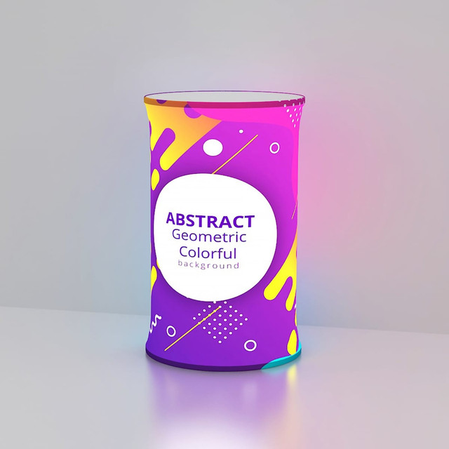 A round, backlit LED display with a colourful abstract geometric design in purple, yellow, and pink hues.