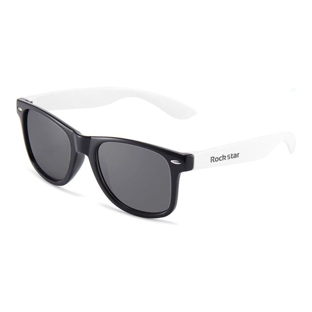 Stylish sunglasses with black frames and white arms, featuring a logo on the side.