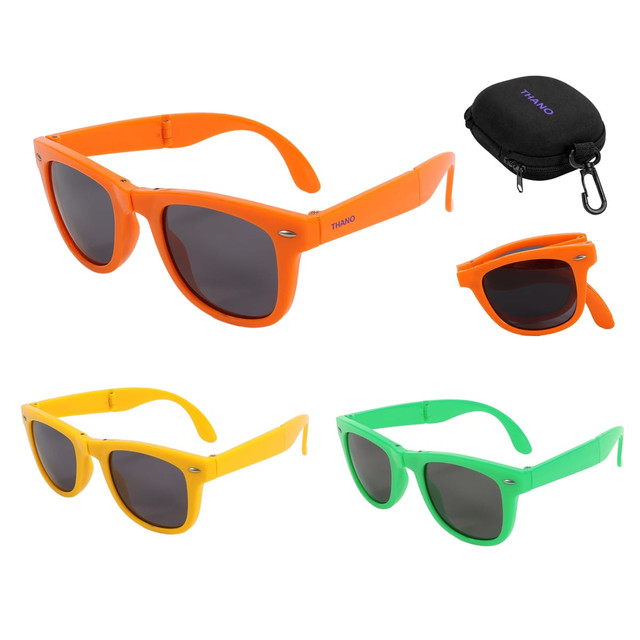 Three pairs of folding sunglasses in orange, yellow, and green, with a compact carrying case.
