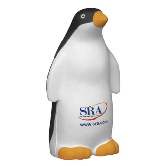 A penguin-shaped stress reliever in black, white, and orange, featuring a logo on its front.