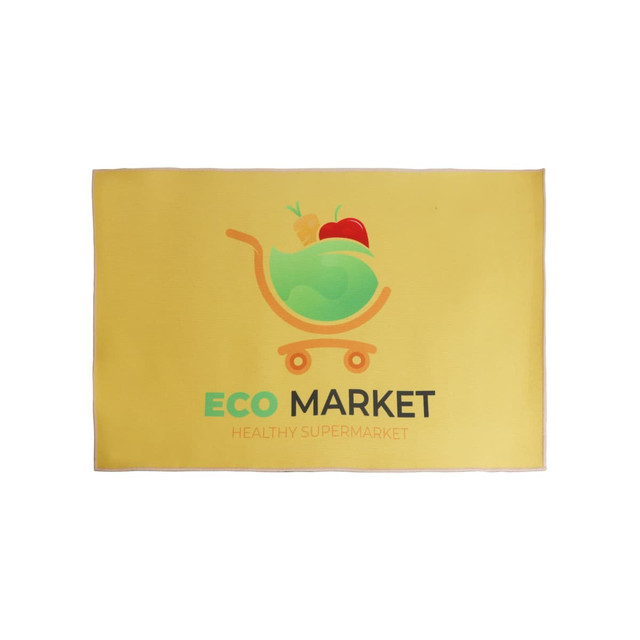 A yellow polyester logo mat featuring a graphic of a shopping trolley with fruits and vegetables and a logo.