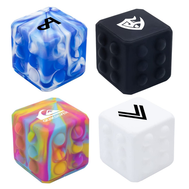 A collection of colourful cube-shaped poppers in blue, black, pink, and white, featuring various logos. A collection of colourful cube-shaped poppers in blue, black, pink, and white, featuring various logos.