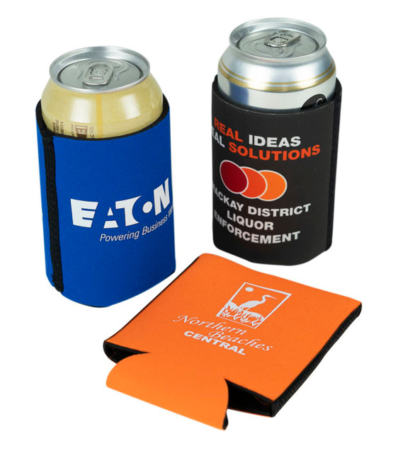 Foldable can coolers in black, blue, and orange, featuring logos and designed for beverage cans. Foldable can coolers in black, blue, and orange, featuring logos and designed for beverage cans.