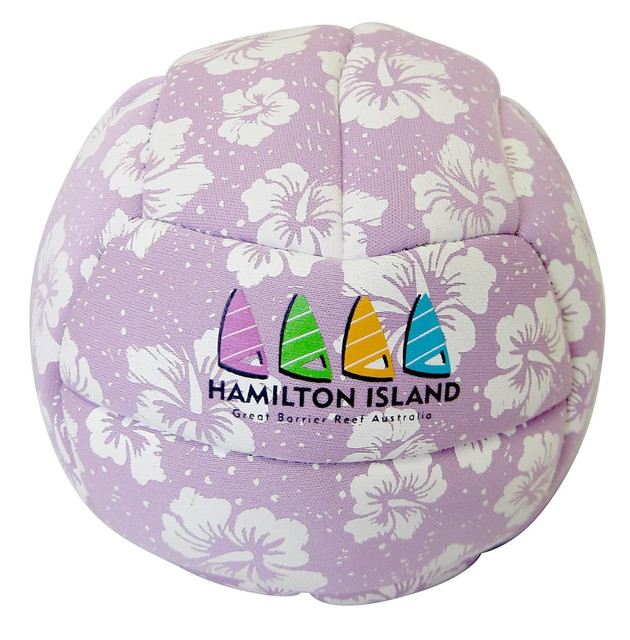 A large purple volleyball featuring a floral pattern and a logo. A large purple volleyball featuring a floral pattern and a logo.