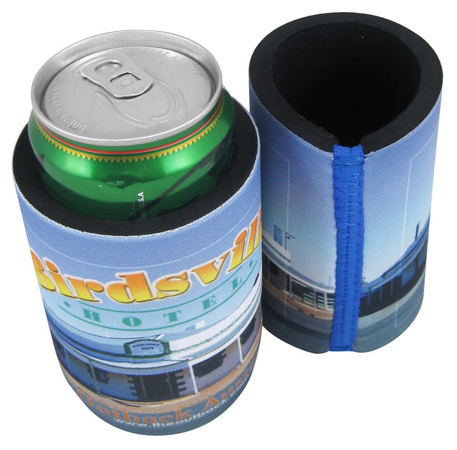 A drink can cooler in blue with a promotional design, accommodating a standard can. It includes a secure band for closure.