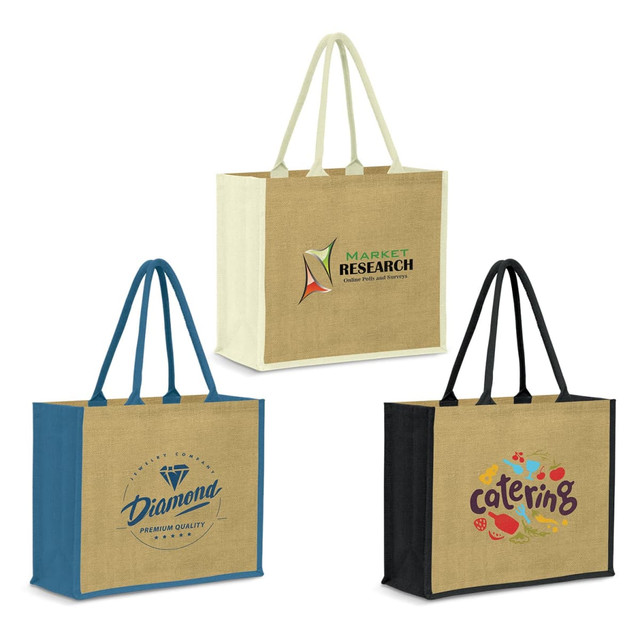 Three jute tote bags in natural, teal, and black, featuring logos and branding on the front.