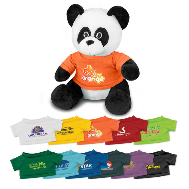A plush panda toy in black and white, wearing an orange shirt, displayed with various other coloured shirts below. A plush panda toy in black and white, wearing an orange shirt, displayed with various other coloured shirts below.