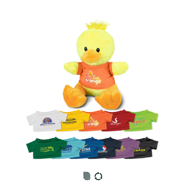 A yellow duck plush toy wearing a variety of coloured t-shirts, with a logo on each shirt.