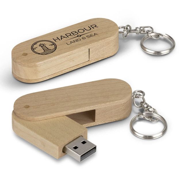 A wooden 8GB flash drive with a keychain attachment, featuring a logo.
