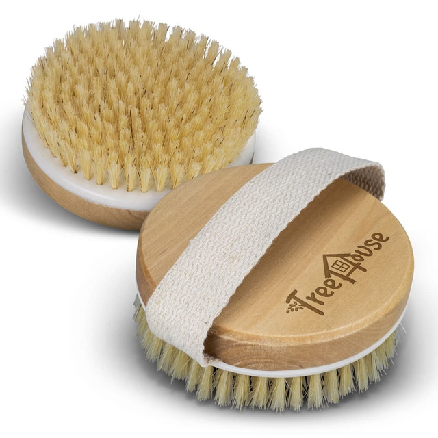 A wooden body brush with a light-coloured handle and bristles, featuring a strap and logo on the side.