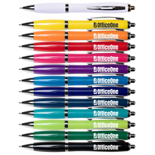A variety of pens in multiple colours, including white, yellow, orange, pink, purple, blue, and green, with branding. A variety of pens in multiple colours, including white, yellow, orange, pink, purple, blue, and green, with branding.