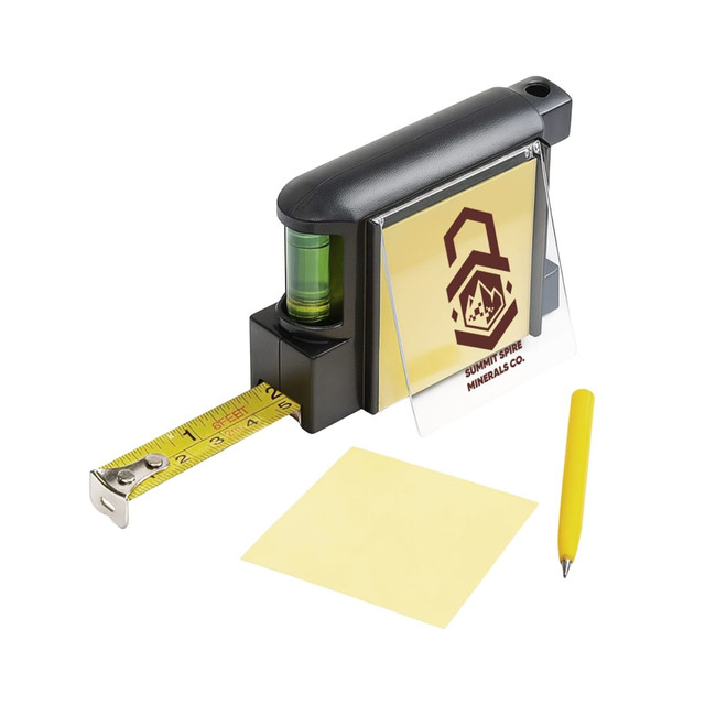 A black contractor tape measure with a yellow measuring tape, a level, a notepad, and a yellow pen. It has a logo.