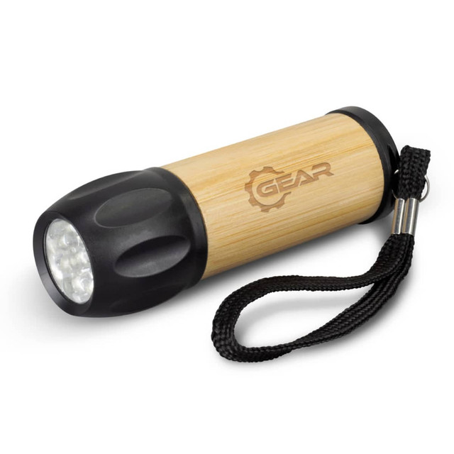 A bamboo torch with a black end and a wrist strap, featuring a logo on the wooden body. A bamboo torch with a black end and a wrist strap, featuring a logo on the wooden body.