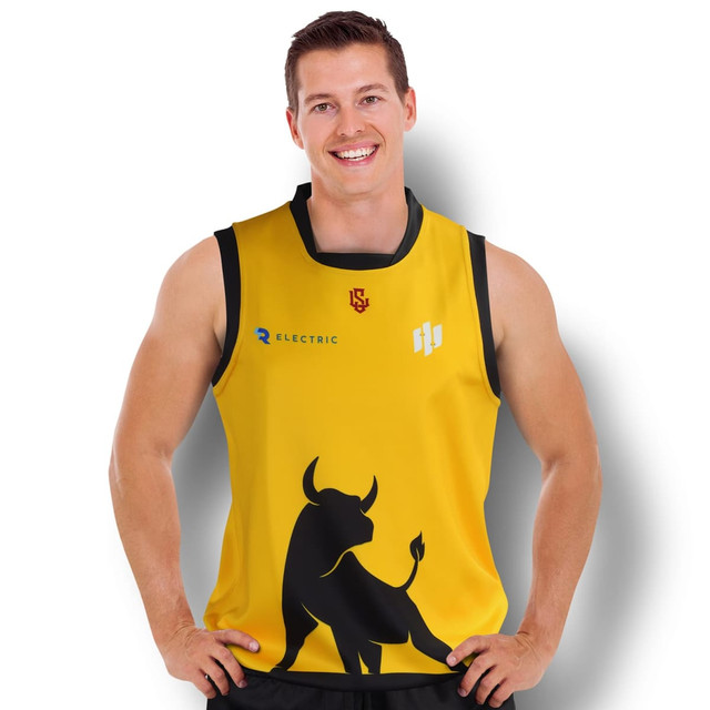 A yellow men's AFL jersey featuring a bull graphic and a logo, designed for sports wear. A yellow men's AFL jersey featuring a bull graphic and a logo, designed for sports wear.