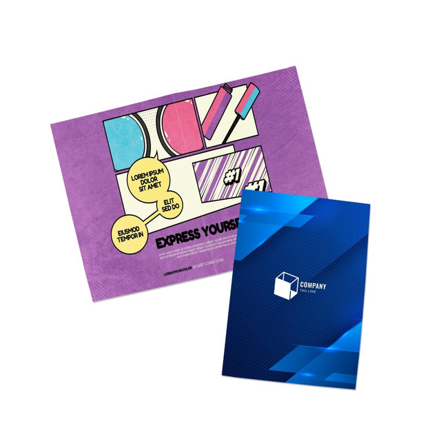 A blue A4 full colour presentation folder with a striped design and a branded logo on the front.