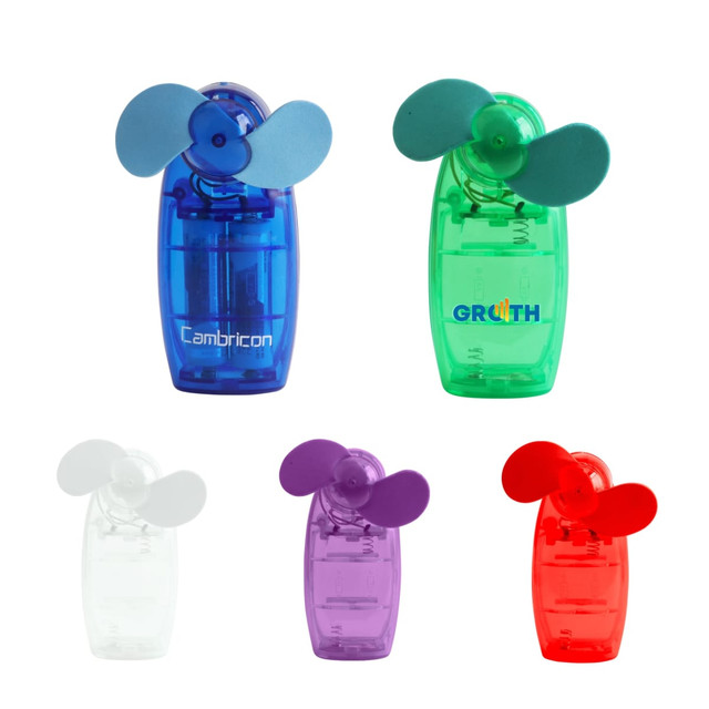 A collection of small, handheld fans in blue, green, white, purple, and red, featuring a logo on the green fan.