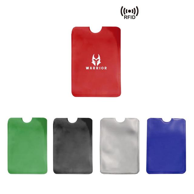 A set of RFID card protector sleeves in red, green, black, silver, and blue, featuring a logo on the red sleeve. A set of RFID card protector sleeves in red, green, black, silver, and blue, featuring a logo on the red sleeve.